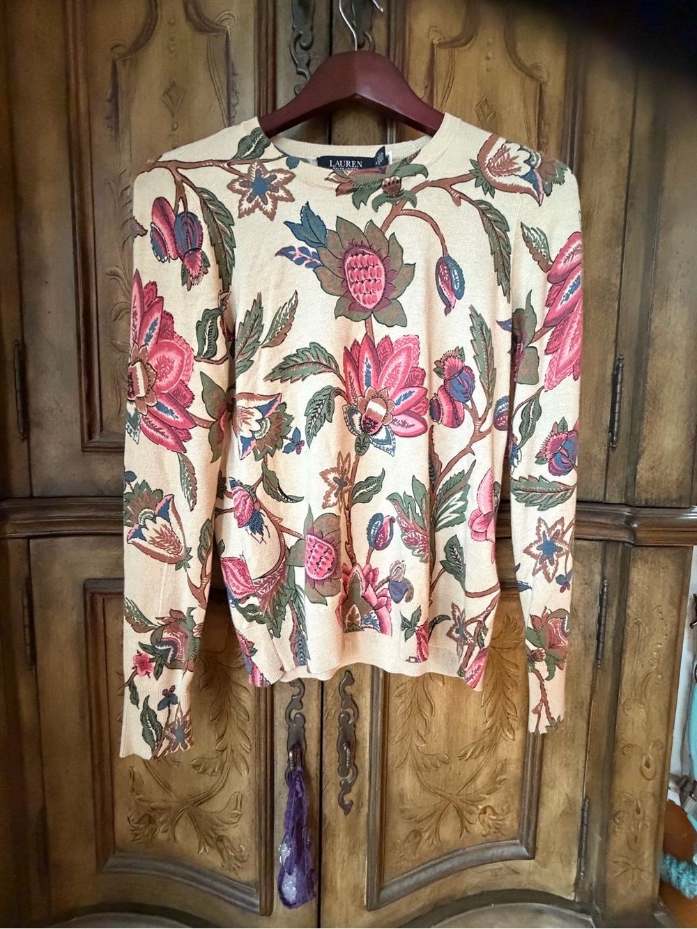 Ralph Lauren Cream Floral Crewneck Sweatshirt with Pink & Green Motif